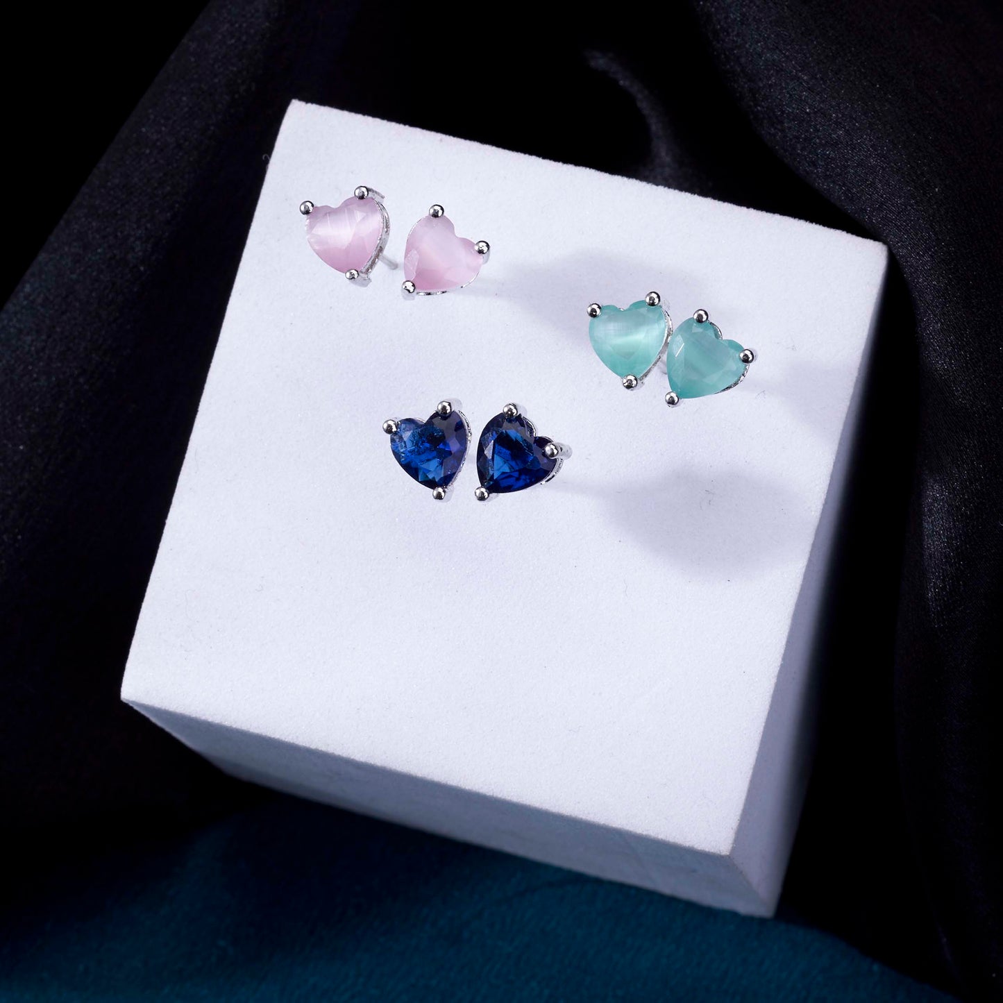 Crystal Heart Rhodium Plated Stud Earrings Set