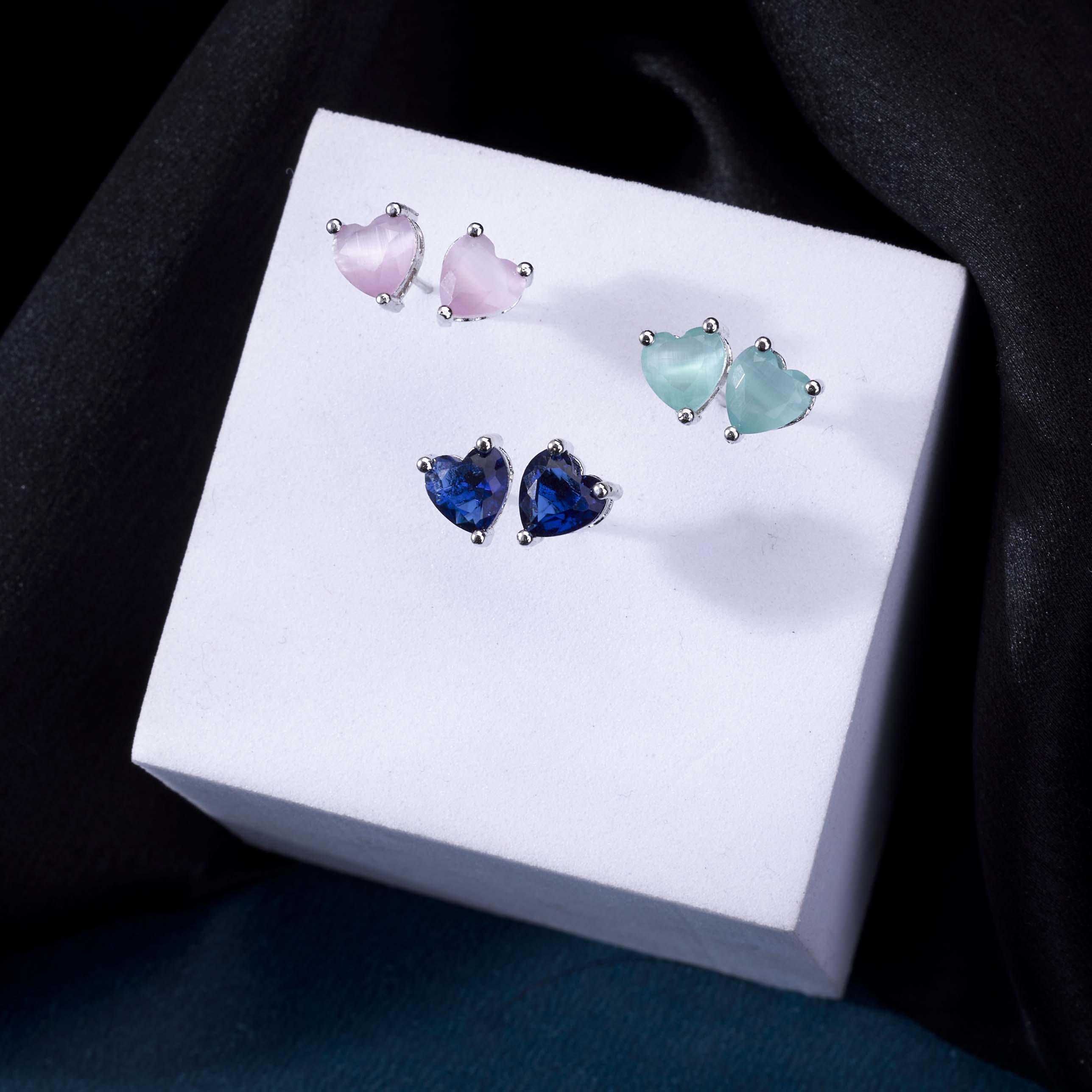 Crystal Heart Rhodium Plated Stud Earrings Set