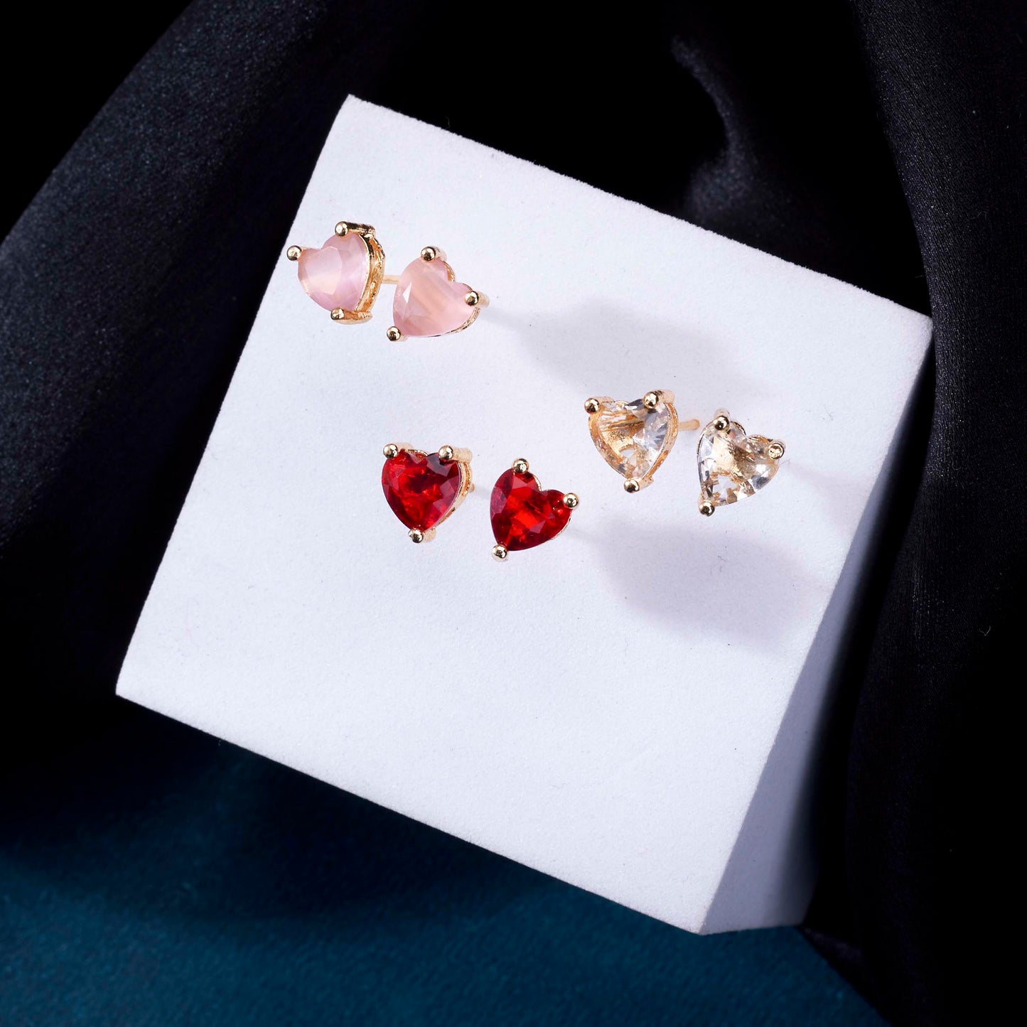 Crystal Heart Gold Plated Stud Earrings Set