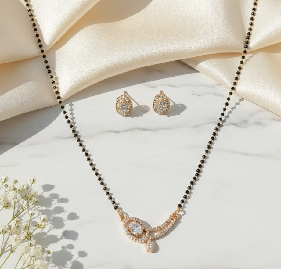 Oval AD Stone Mangalsutra with Stud Earrings Set