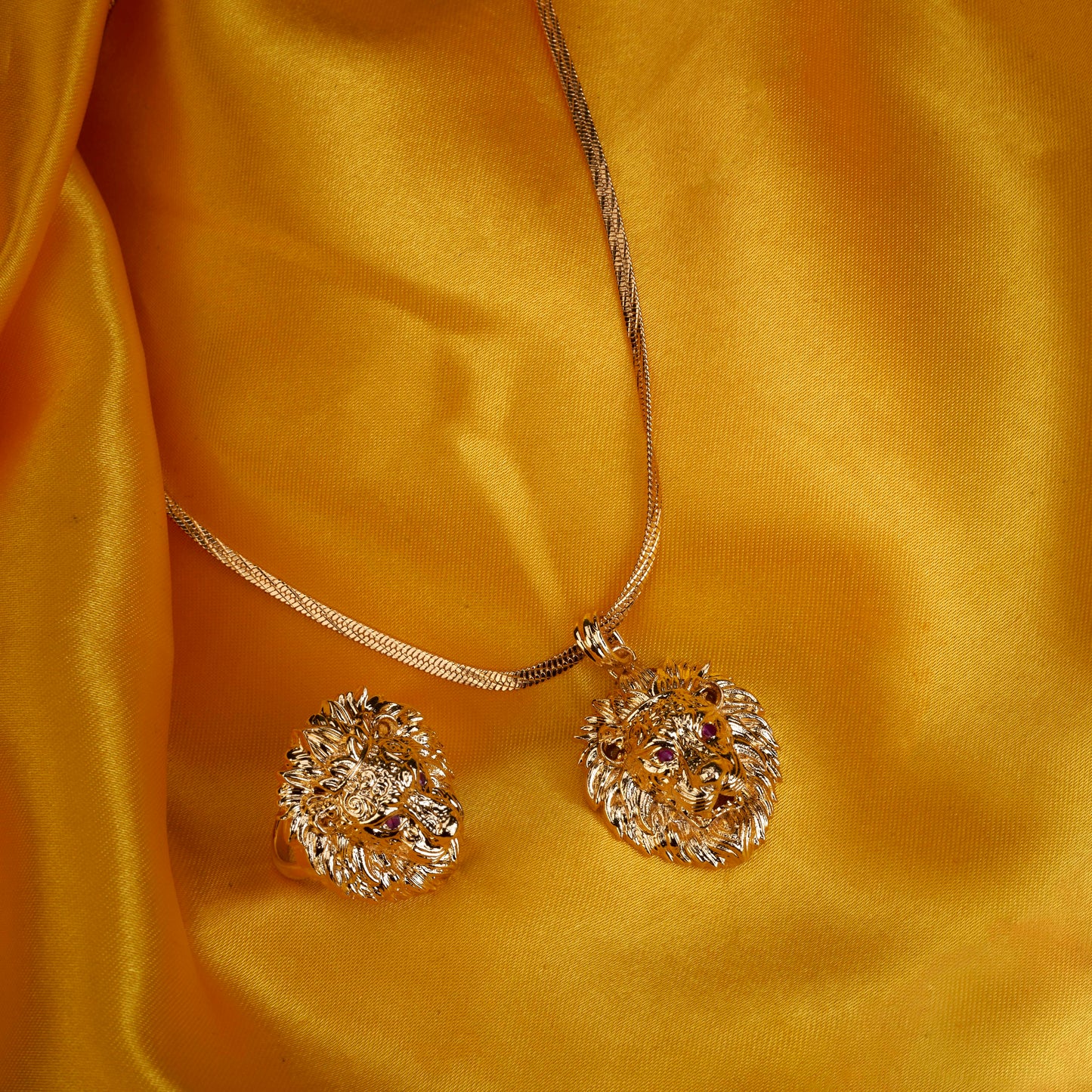 Vintage Lion King Gold Plated Locket Set and Ring Combo