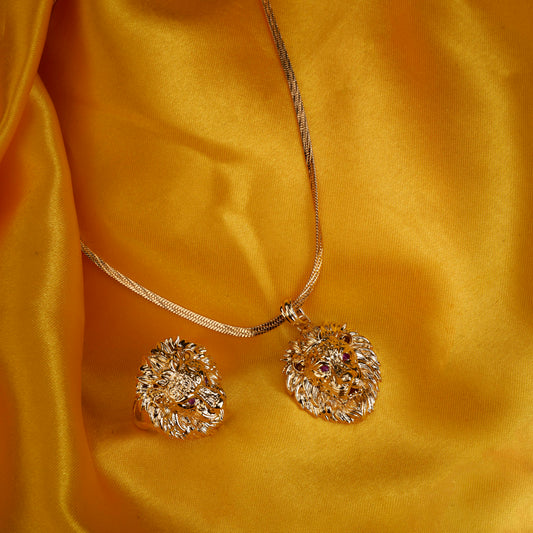 Vintage Lion King Gold Plated Locket Set and Ring Combo
