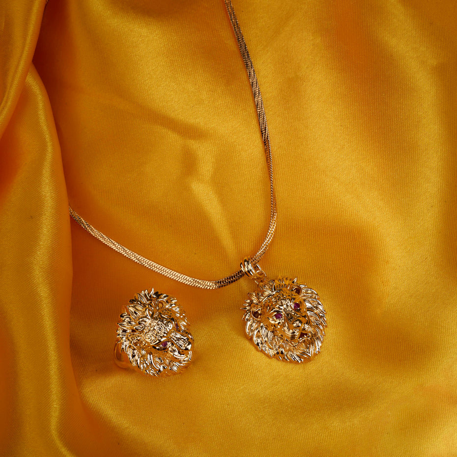 Vintage Lion King Gold Plated Locket Set and Ring Combo
