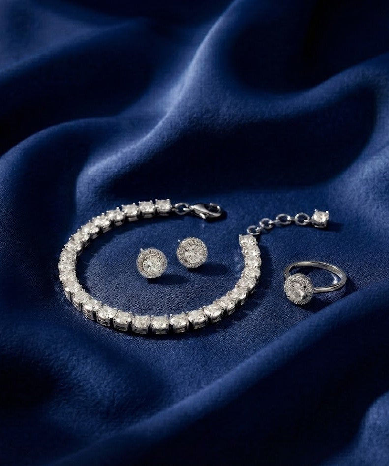 AD Tennis Bracelet with Ring & Stud Earrings Set