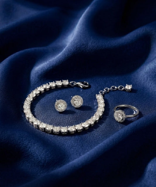 AD Tennis Bracelet with Ring & Stud Earrings Set