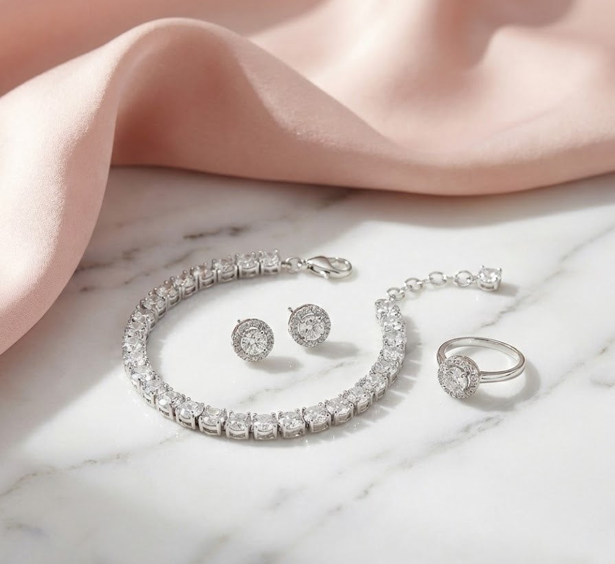 AD Tennis Bracelet with Ring & Stud Earrings Set