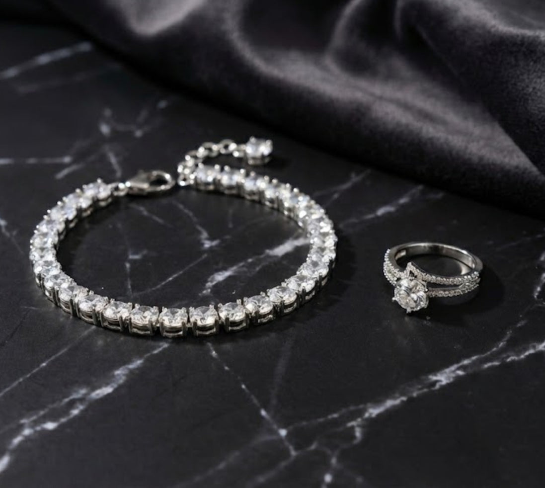 Tennis Bracelet with Round-Cut Stones & Solitaire Ring