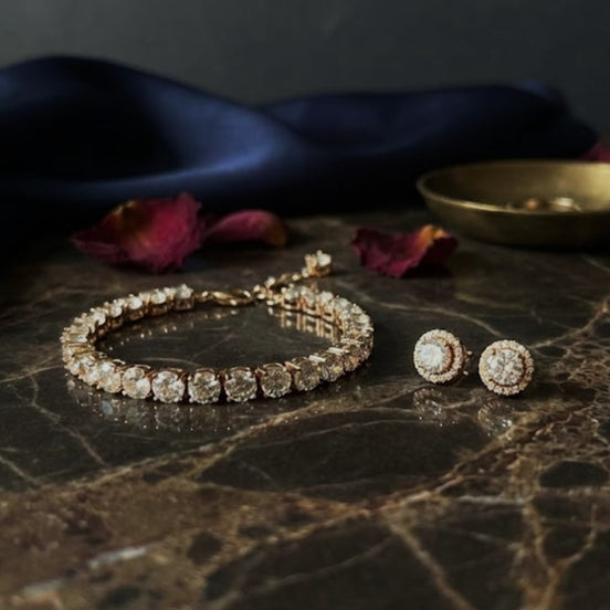 Tennis Bracelet with Round-Cut Diamonds & Halo Stud Earrings