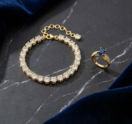 Tennis Bracelet with Round-Cut Stones & Blue Stone Ring