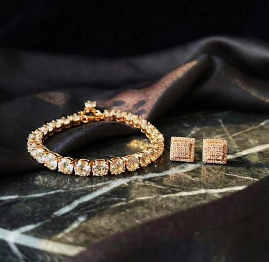 Tennis Bracelet with Round-Cut Stones & Square Stud Earrings