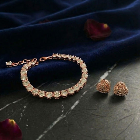 Tennis Bracelet with Round Stones & Heart Stud Earrings