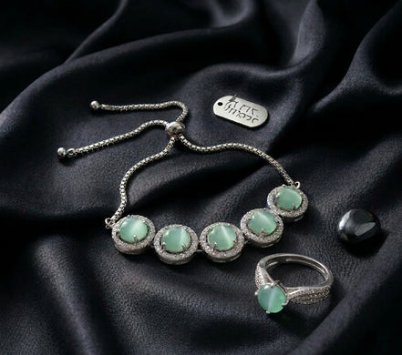Tennis Bracelet with Green Stone Elegant Ring