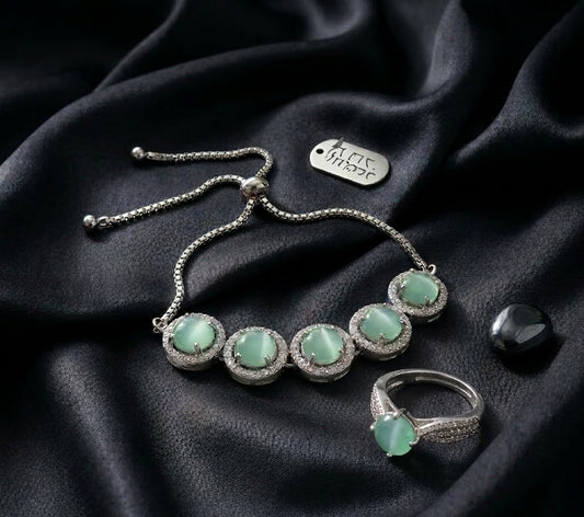 Tennis Bracelet with Green Stone Elegant Ring