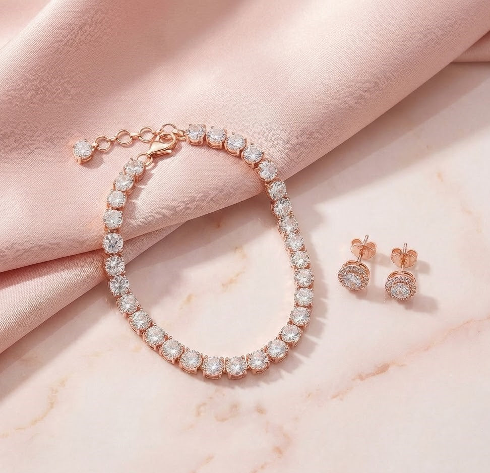 Tennis Bracelet with Round-Cut Stones & Elegant Stud Earrings