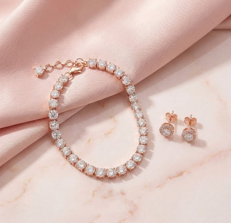 Tennis Bracelet with Round-Cut Stones & Elegant Stud Earrings