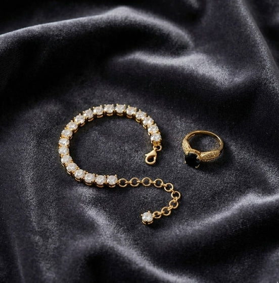 Tennis Bracelet with Round-Cut Stones & Black Stone Ring