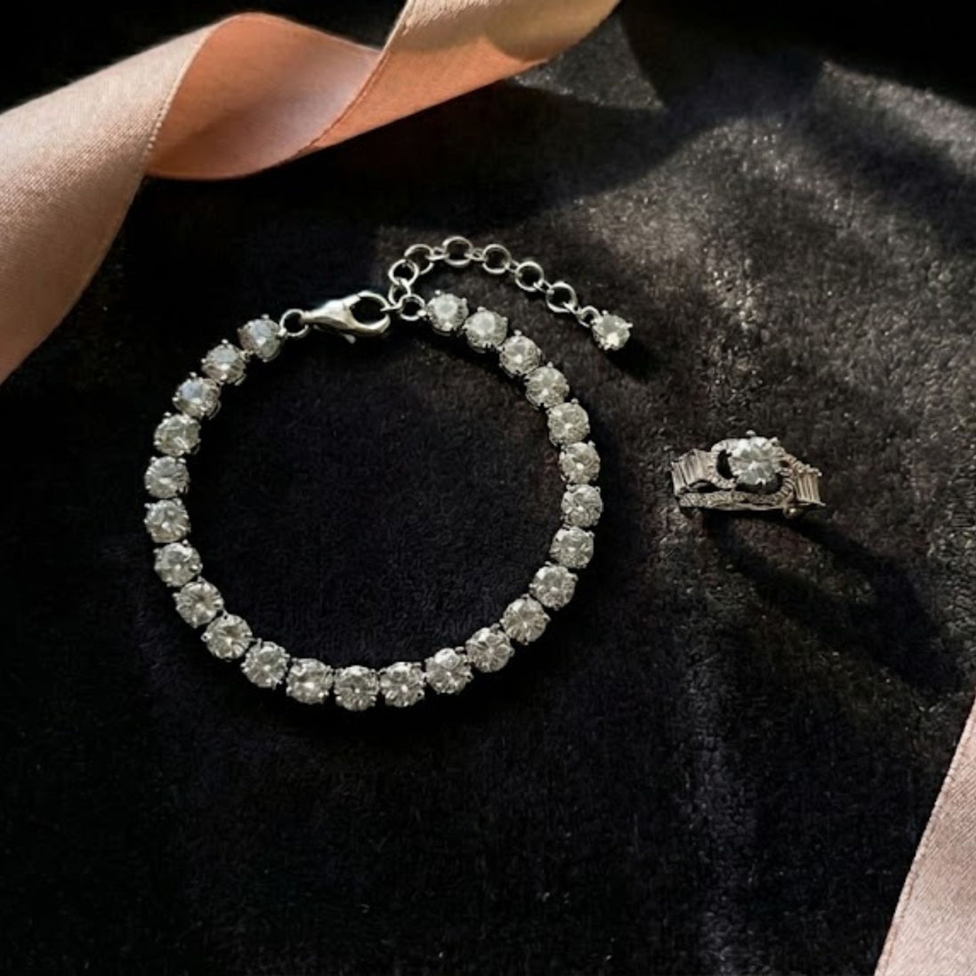 AD Diamond Tennis Bracelet with Round-Cut Stones & Solitaire Ring