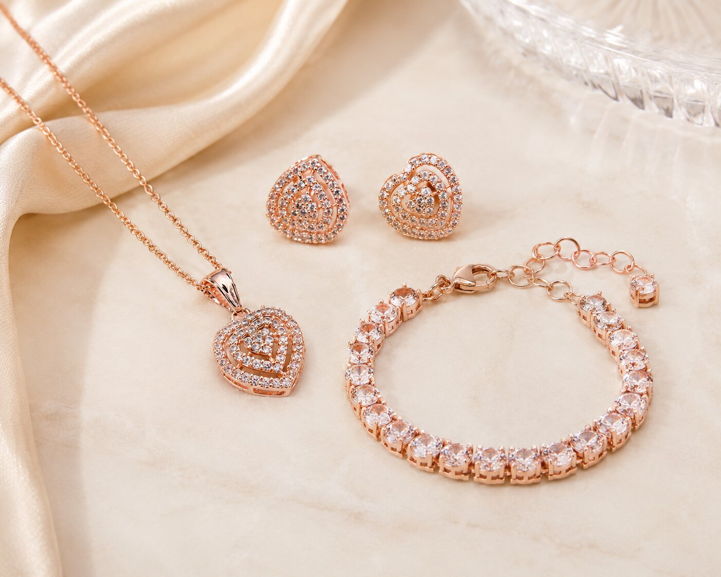 Rose Gold Heart Pendant Necklace, Bracelet & Earrings Jewelry Set