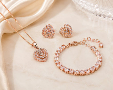 Rose Gold Heart Pendant Necklace, Bracelet & Earrings Jewelry Set