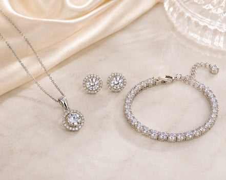 Rhodium Cubic Zirconia Pendant Necklace, Bracelet & Earrings Jewelry Set