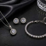Rhodium Cubic Zirconia Pendant Necklace, Bracelet & Earrings Jewelry Set