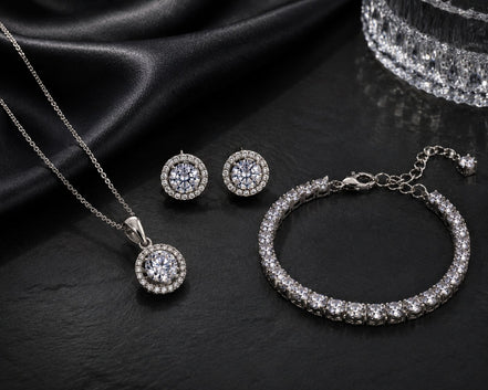 Rhodium Cubic Zirconia Pendant Necklace, Bracelet & Earrings Jewelry Set