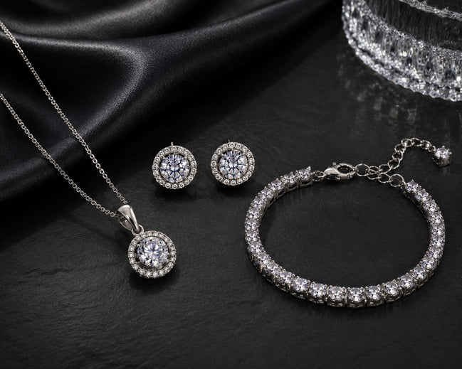 Rhodium Cubic Zirconia Pendant Necklace, Bracelet & Earrings Jewelry Set