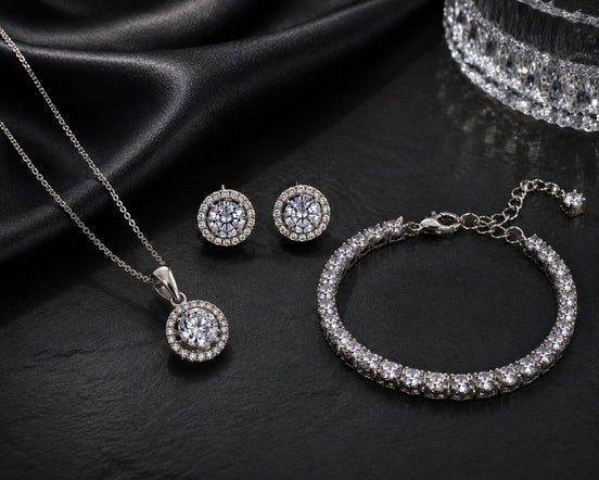 Rhodium Cubic Zirconia Pendant Necklace, Bracelet & Earrings Jewelry Set