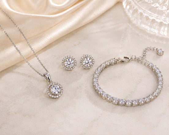 Rhodium Cubic Zirconia Pendant Necklace, Bracelet & Earrings Jewelry Set
