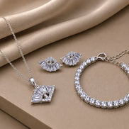 Rhodium Plated Baguette CZ Pendant Necklace, Bracelet & Earrings Jewelry Set