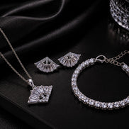 Rhodium Plated Baguette CZ Pendant Necklace, Bracelet & Earrings Jewelry Set