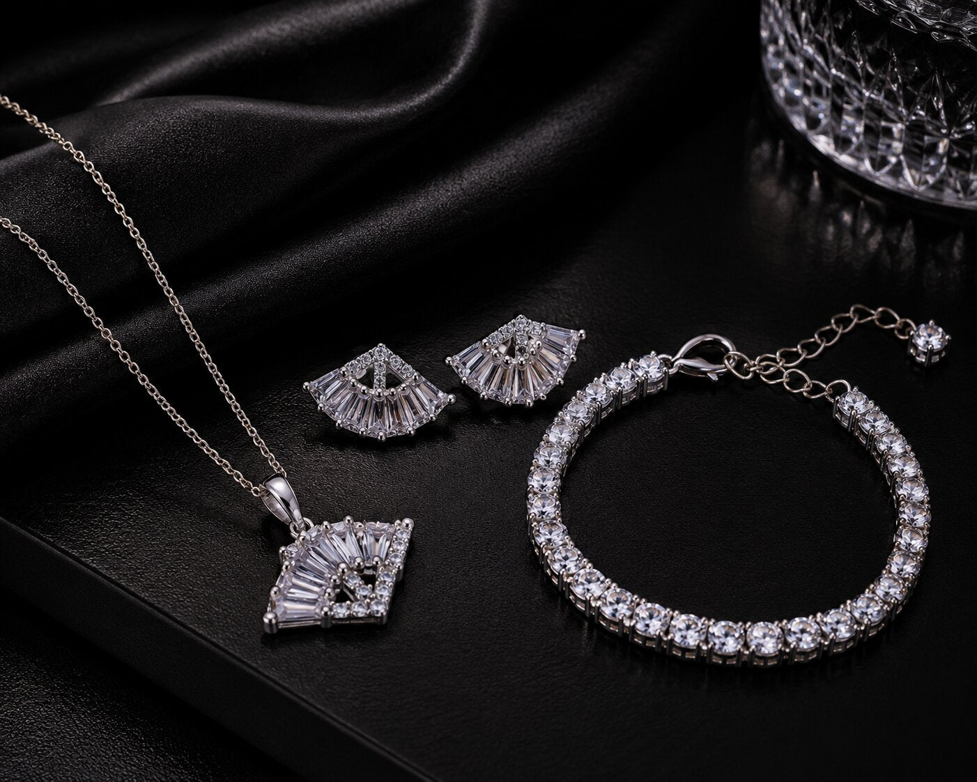 Rhodium Plated Baguette CZ Pendant Necklace, Bracelet & Earrings Jewelry Set