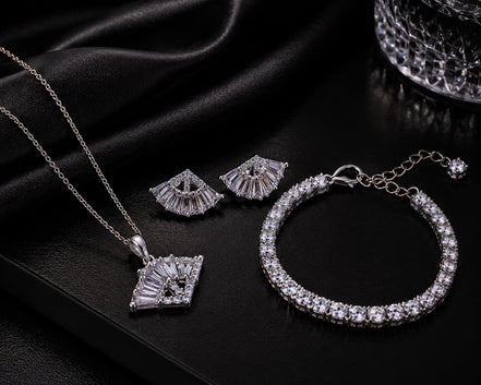 Rhodium Plated Baguette CZ Pendant Necklace, Bracelet & Earrings Jewelry Set