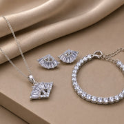Rhodium Plated Baguette CZ Pendant Necklace, Bracelet & Earrings Jewelry Set
