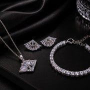 Rhodium Plated Baguette CZ Pendant Necklace, Bracelet & Earrings Jewelry Set