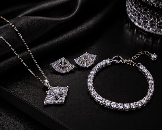 Rhodium Plated Baguette CZ Pendant Necklace, Bracelet & Earrings Jewelry Set