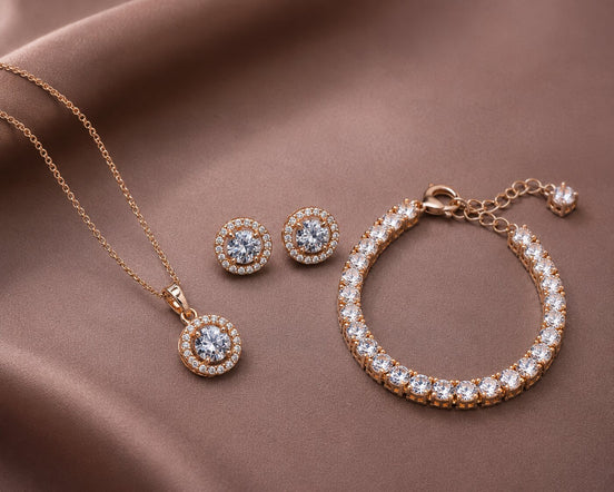 Round Halo CZ Rose Gold Necklace, Bracelet & Earrings Jewelry Set