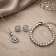 Sunburst Halo CZ Rhodium Necklace, Bracelet & Earrings Jewelry Set
