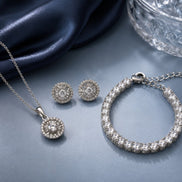 Sunburst Halo CZ Rhodium Necklace, Bracelet & Earrings Jewelry Set