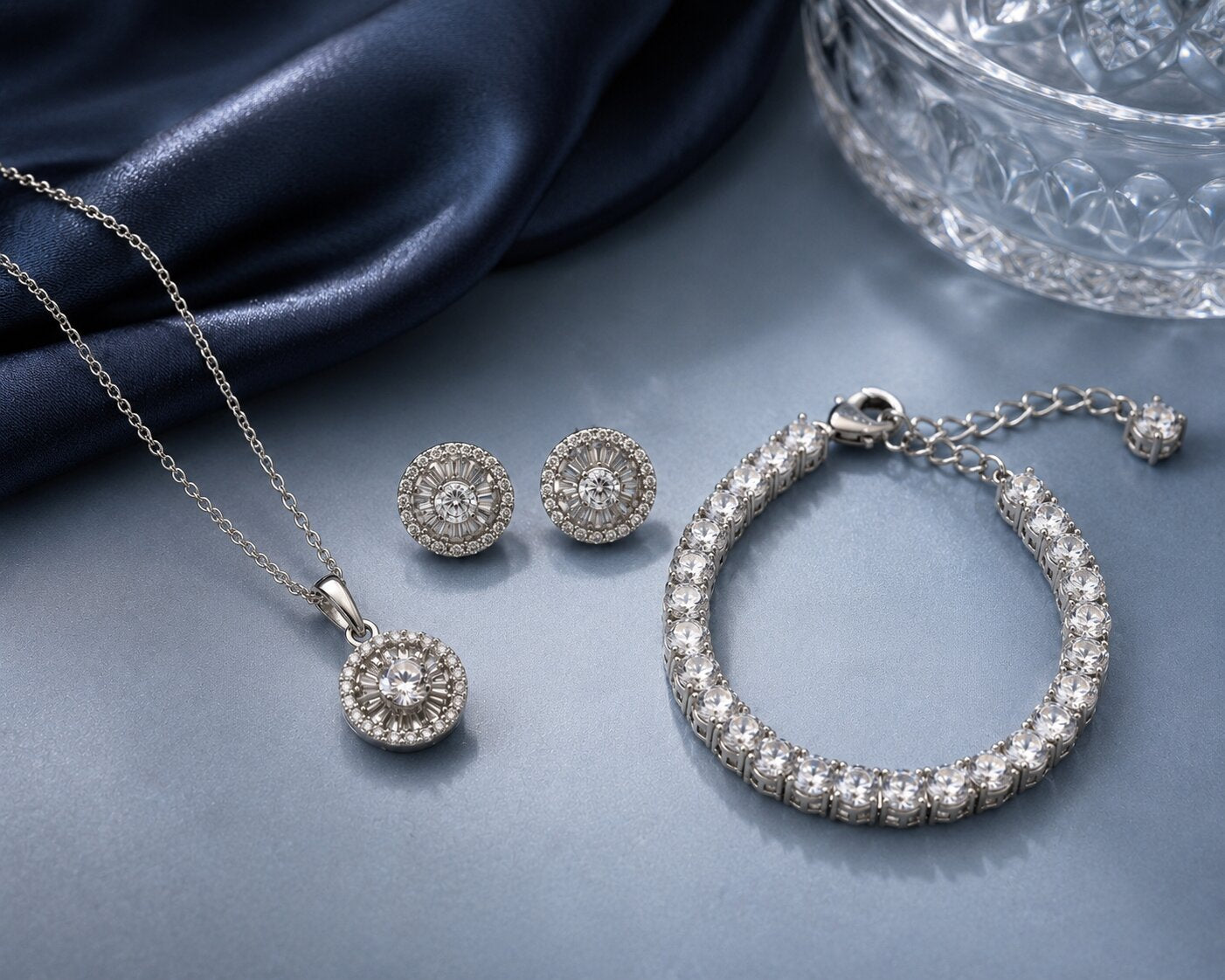 Sunburst Halo CZ Rhodium Necklace, Bracelet & Earrings Jewelry Set