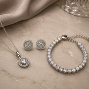 Sunburst Halo CZ Rhodium Necklace, Bracelet & Earrings Jewelry Set