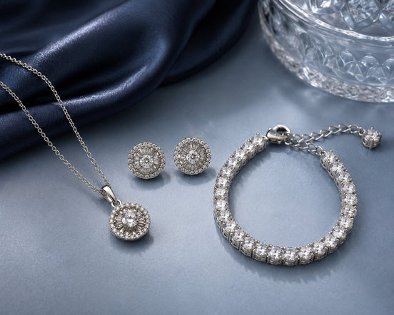 Sunburst Halo CZ Rhodium Necklace, Bracelet & Earrings Jewelry Set