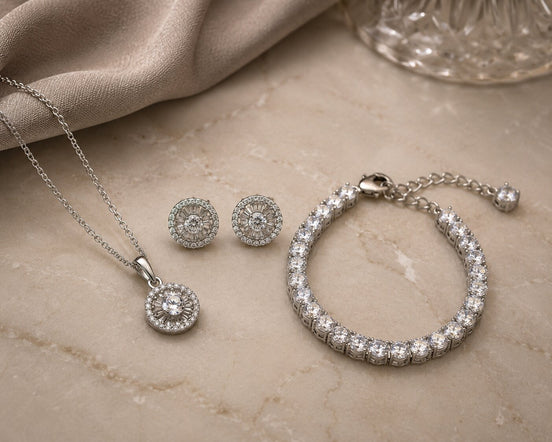 Sunburst Halo CZ Rhodium Necklace, Bracelet & Earrings Jewelry Set