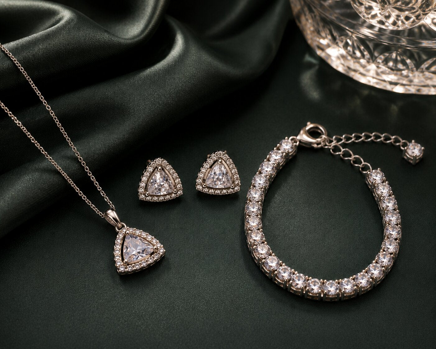 Triangle Halo CZ Rose Gold Necklace, Bracelet & Earrings Jewelry Set