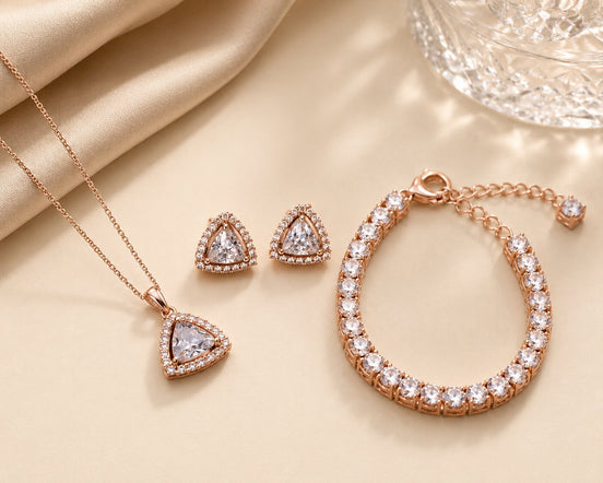 Triangle Halo CZ Rose Gold Necklace, Bracelet & Earrings Jewelry Set