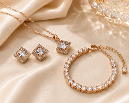 Square Halo CZ Rose Gold Necklace, Bracelet & Earrings Jewelry Set
