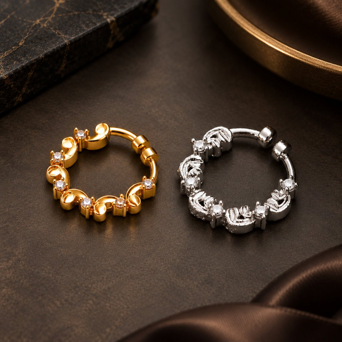 Gold & Rhodium Plated Floral Leaf Pattern CZ Nose Ring - Pack of 2