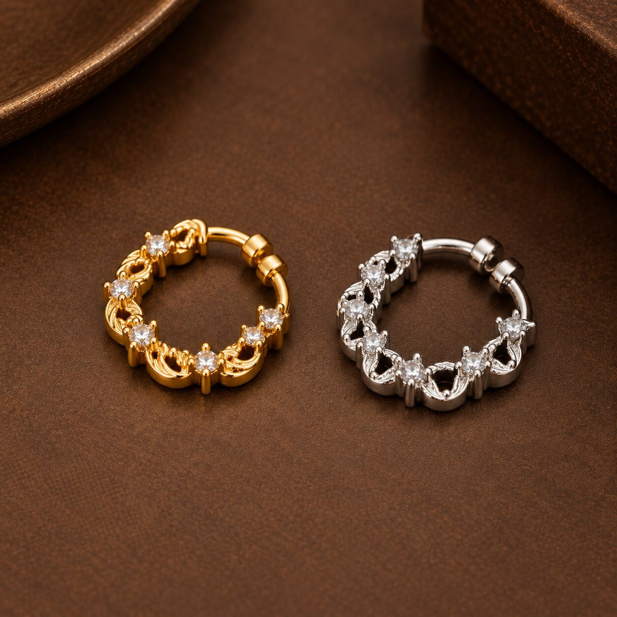 Gold & Rhodium Plated Elegant Swirl CZ Nose Ring - Pack of 2