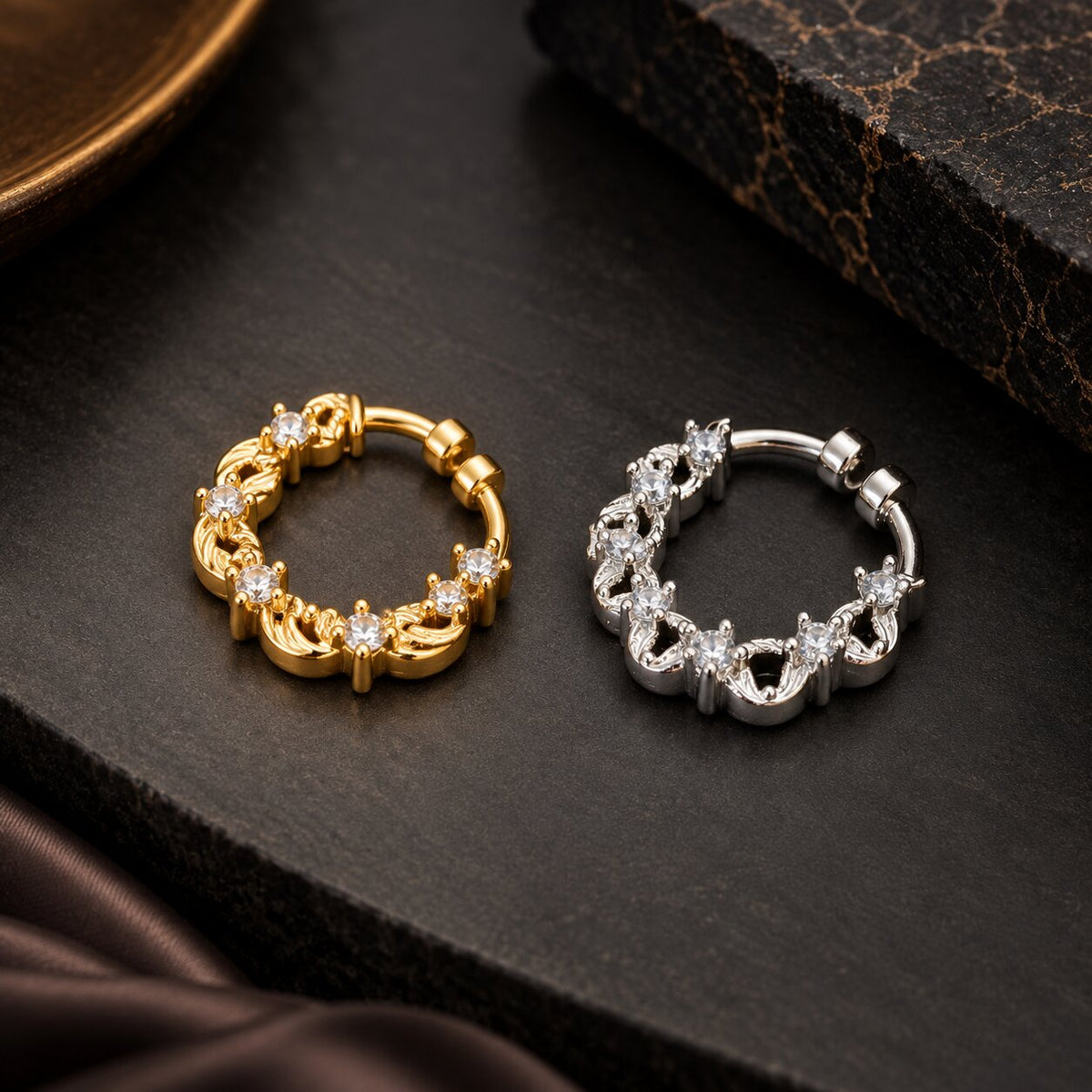 Gold & Rhodium Plated Elegant Swirl CZ Nose Ring - Pack of 2