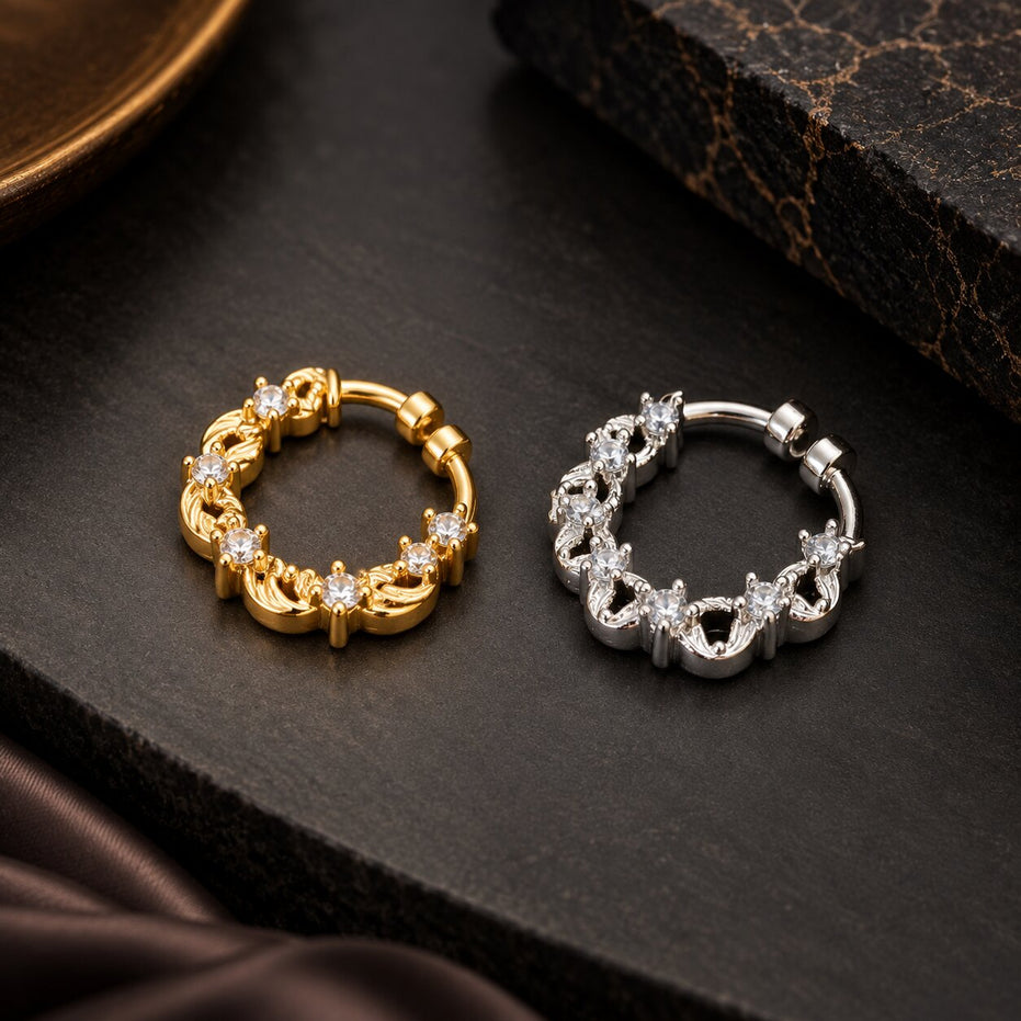 Gold & Rhodium Plated Elegant Swirl CZ Nose Ring - Pack of 2